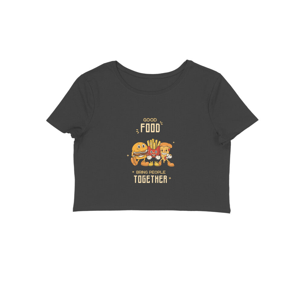 Step up your style game with our Foodie Delight Crop Top. This black crop top, adorned with a burger, pizza slice, and fries design, lets you express your love for good food in a fashionable way. Get ready to sizzle with this trendy and mouthwatering piece.