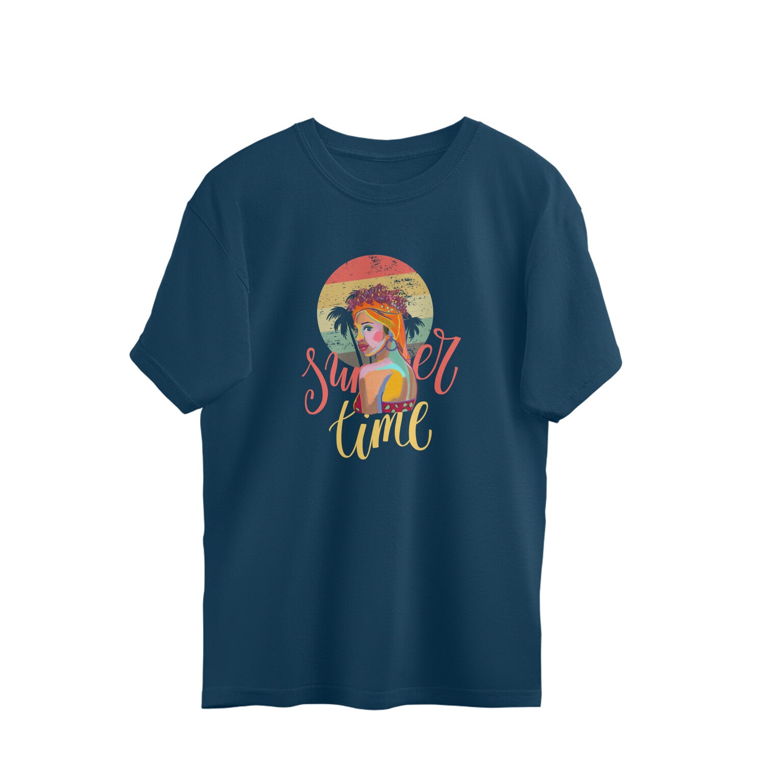 Style meets sun with our Navy Blue Oversized T-Shirt featuring a charming beachside girl design. Shop online at Womanitee for trendy women's graphic t-shirts and let your fashion choices transport you to sandy shores and sun-soaked days.