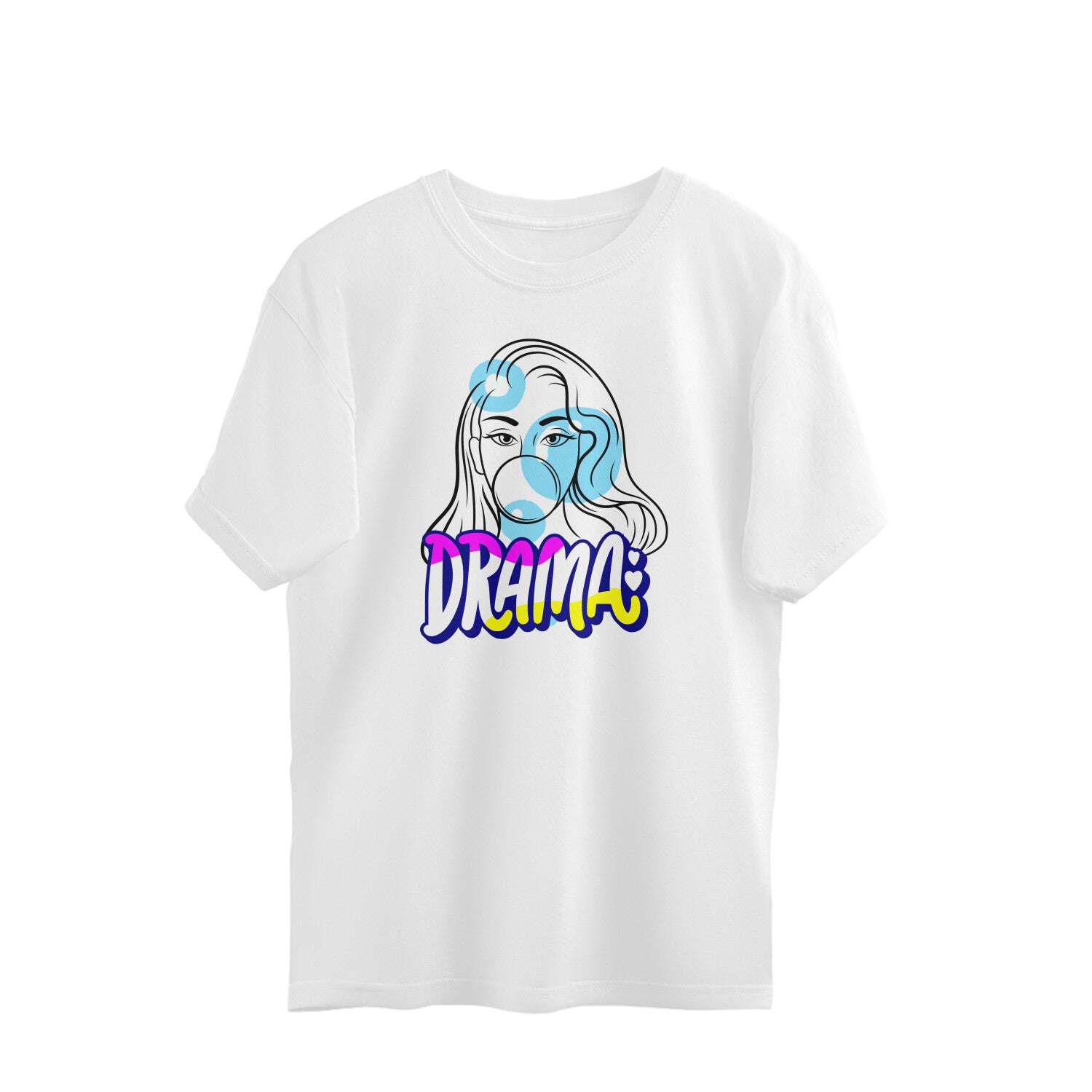 Express your dramatic flair with our White Drama Oversized T-Shirt, featuring a girl's outline face and the word "Drama." Shop online at Womanitee for trendy women's graphic t-shirts and confidently embrace your bold and expressive nature.