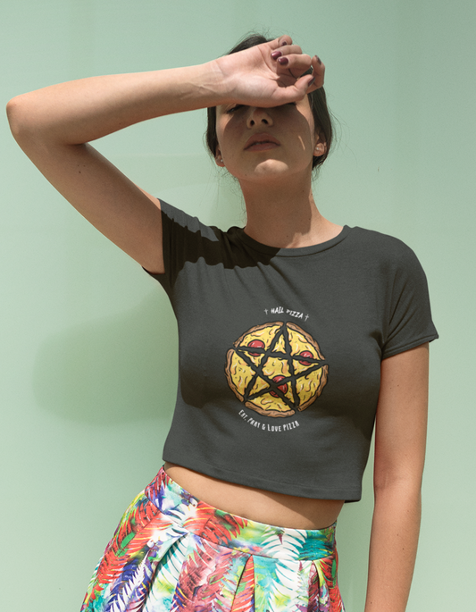 Get ready to laugh with our women's black crop top featuring a funny Pizza graphic in a satanic pentagram. Perfect for casual wear and a great conversation starter. Buy now