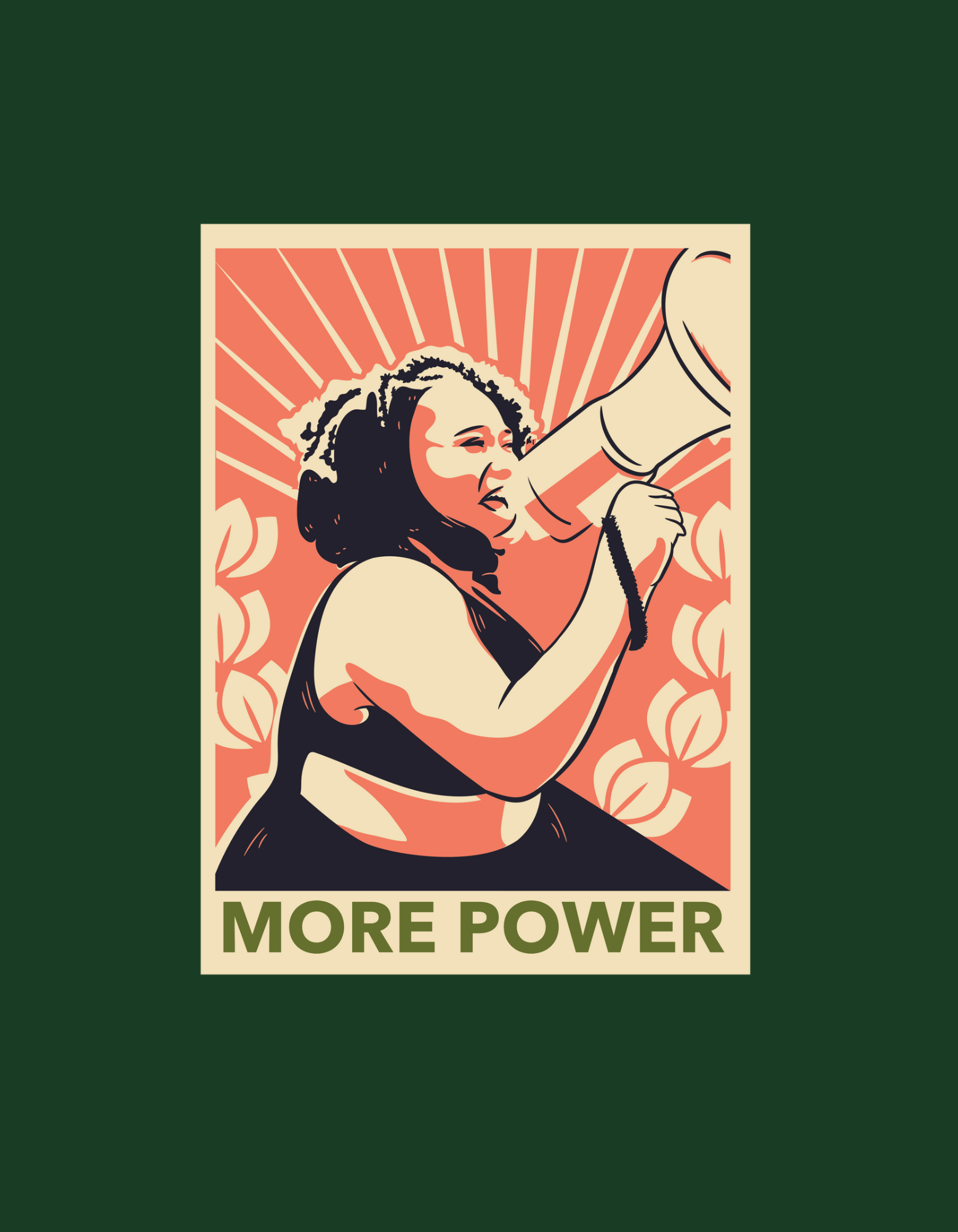  Make a bold statement with our olive green t-shirt featuring a striking illustration of a powerful woman with a loudspeaker and the empowering message "More Power." Order now from Womanitee!