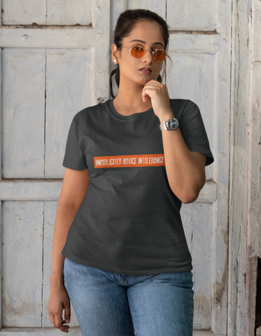 Embrace your strength and independence with our "Unsolicited Advice Intolerance" black t-shirt! Made from comfortable cotton, this tee is perfect for the modern woman.